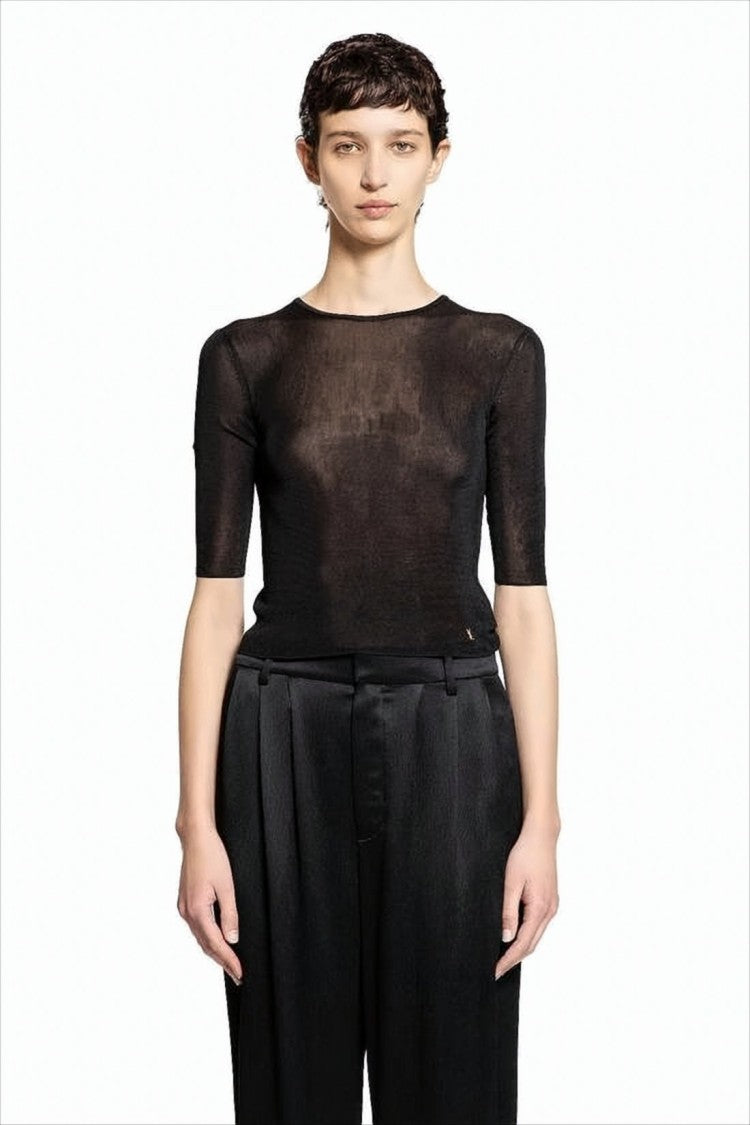 Fitted Semi-Sheer Black Knit Top