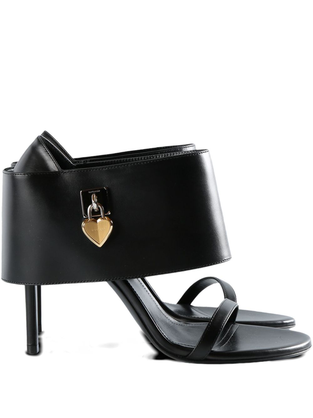 Heart-Lock Embellished Black Stiletto Sandals