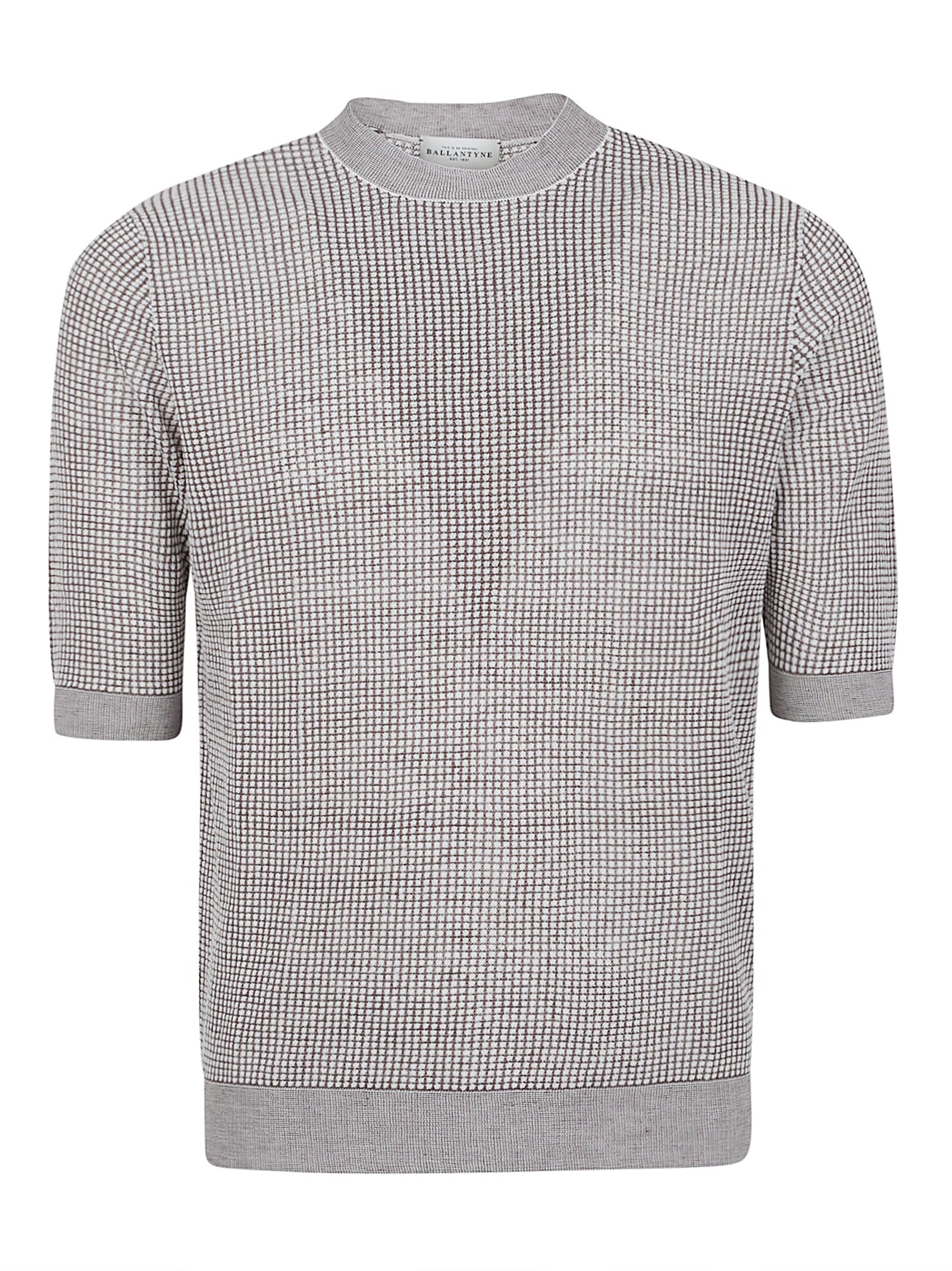 Short-Sleeve Checkered Sweater with Ribbed Detailing
