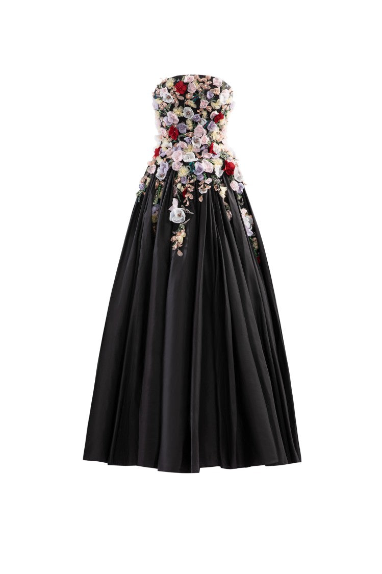 Embellished 3D Flowers Taffeta Gown