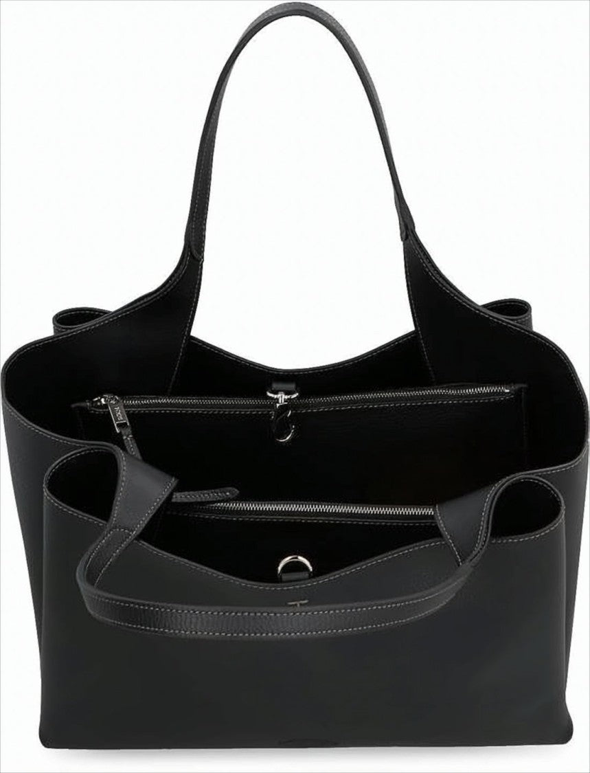 Black Leather Shoulder Bag with Metallic Accent