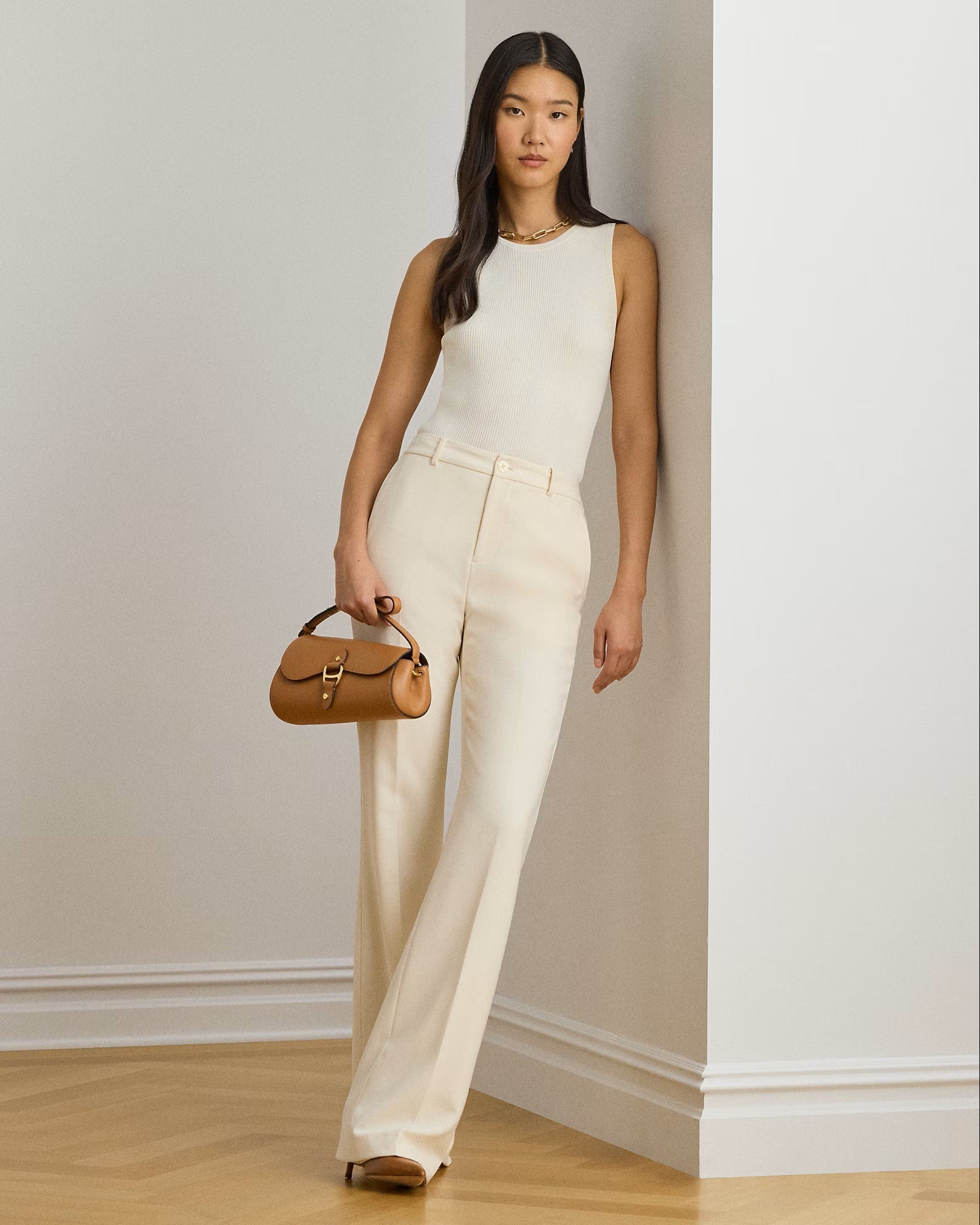 Natural Woven City Crepe Straight Trousers