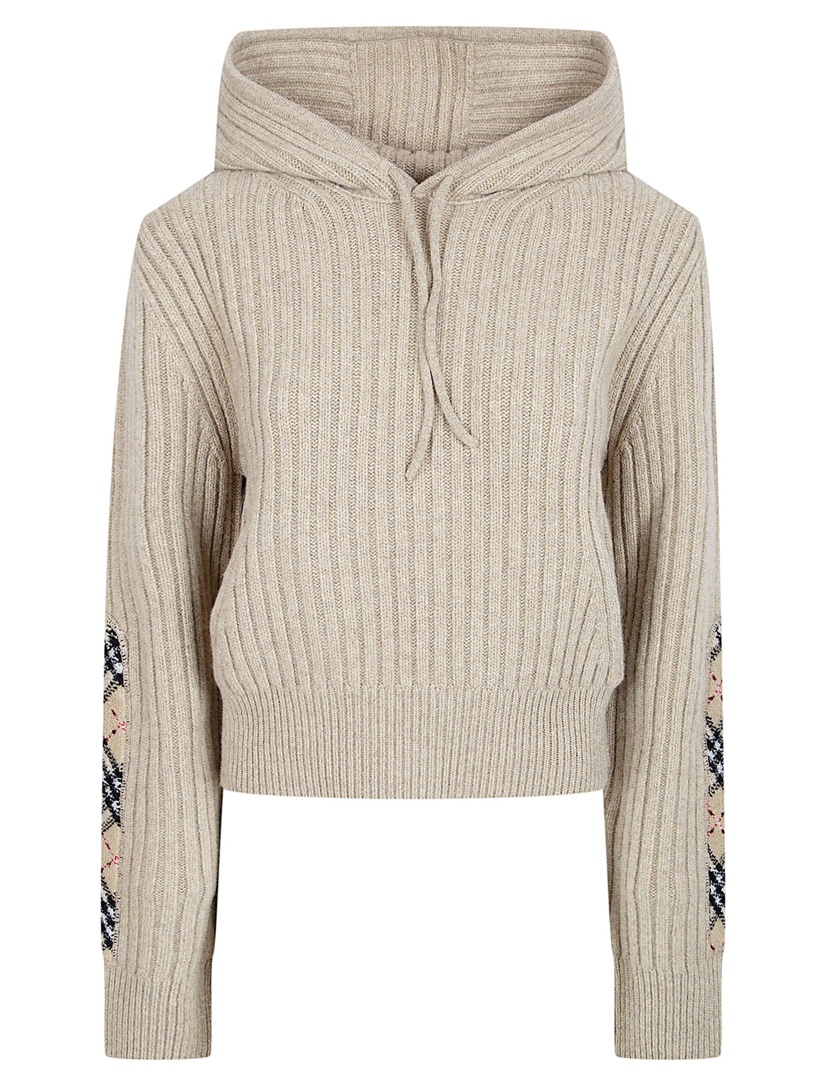Ribbed Knit Cropped Hoodie Sweater with Check Patch Detail
