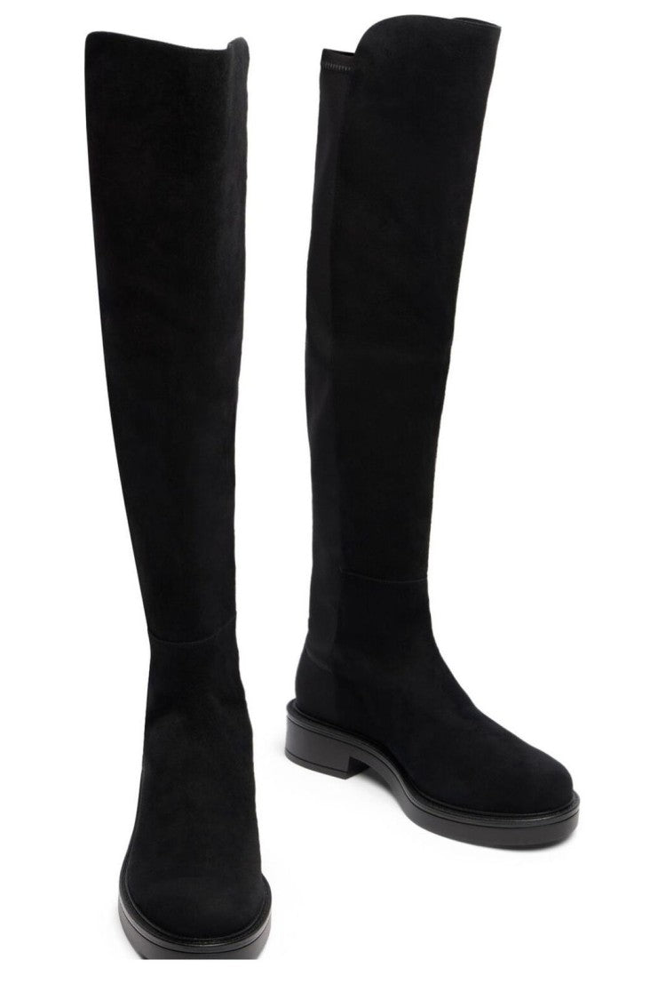 Suede Over-the-Knee Boots with Rounded Toe and Low Block Heel
