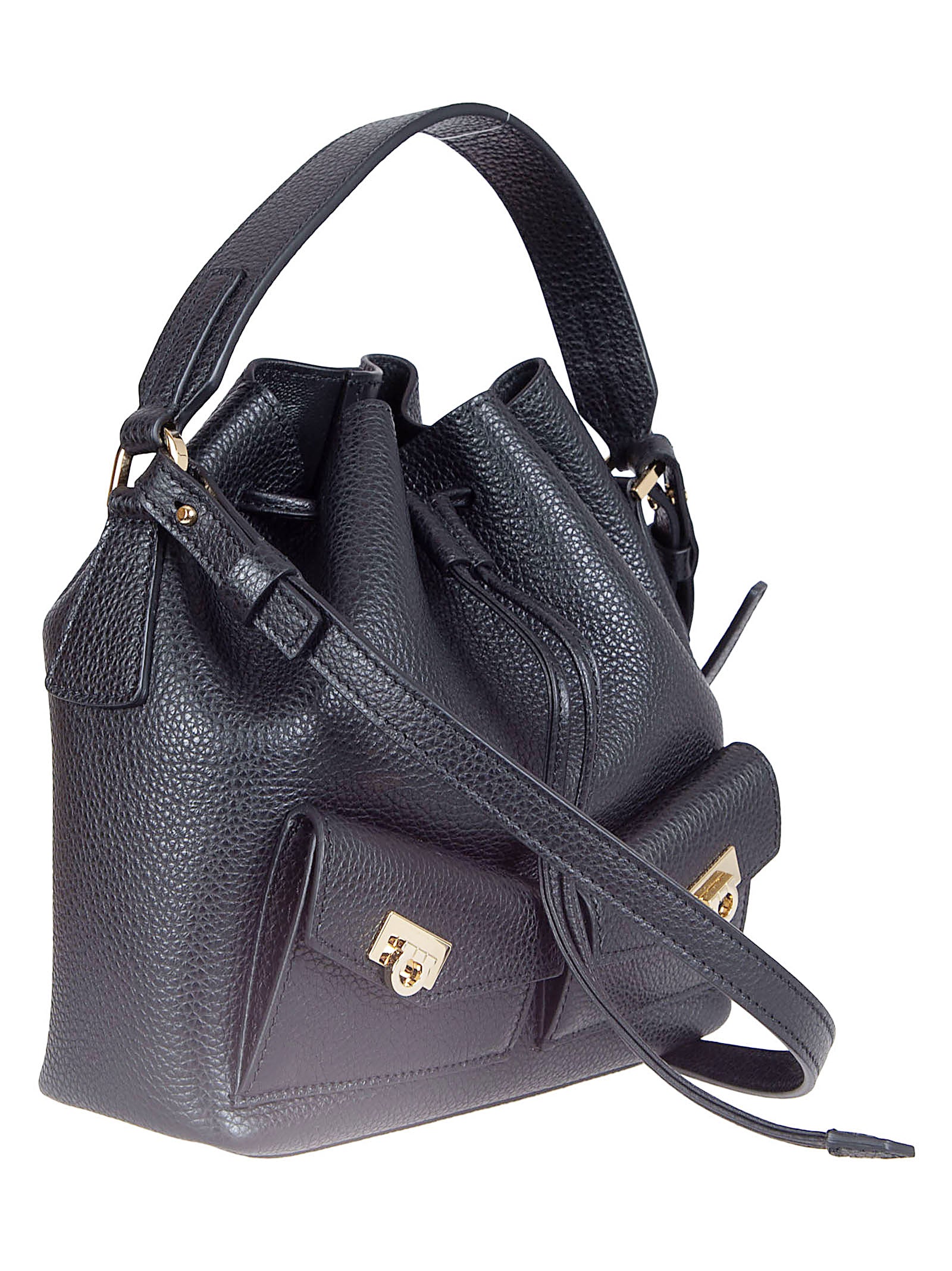 Small Bucket Bag in Finely Textured Black Leather