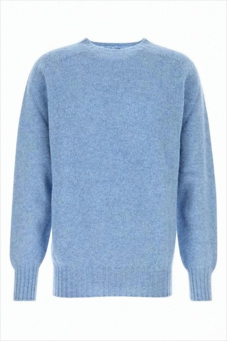 Light Blue Relaxed Fit Wool Sweater With Classic Crew Neck