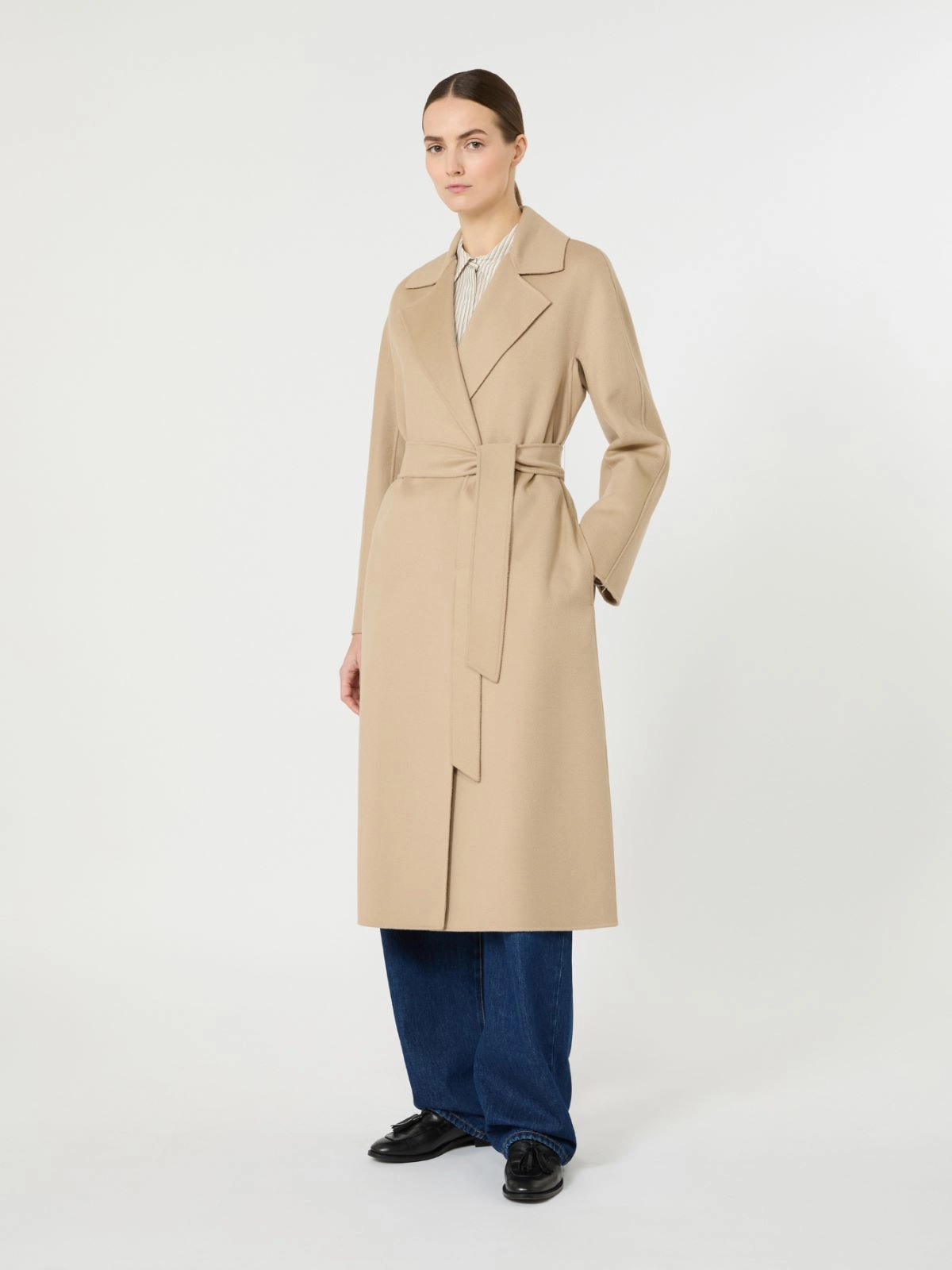 Knee-Length Coat with Wide Lapel and Self-Tie Belt