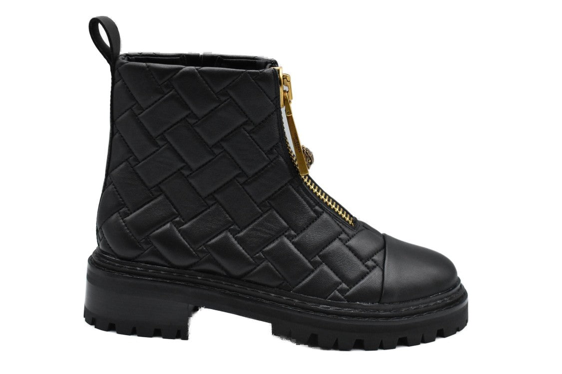 Woven Black Flat Shoes With Gold Zipper Detail