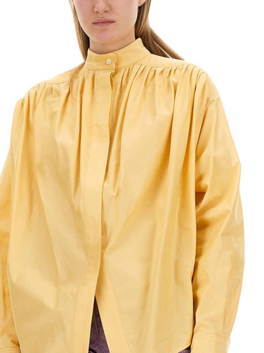 Pleated High Collar Cotton Poplin Blouse