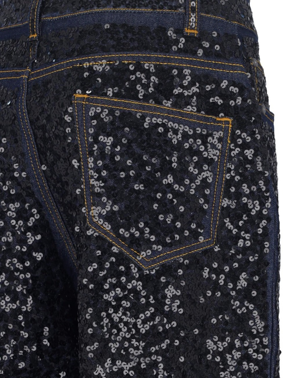 "Guff" Sequin Straight Jeans In Black Stretch Denim