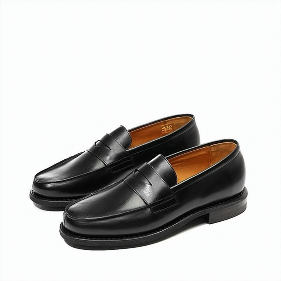 Polished Black Calf Leather Loafers with Penny Strap