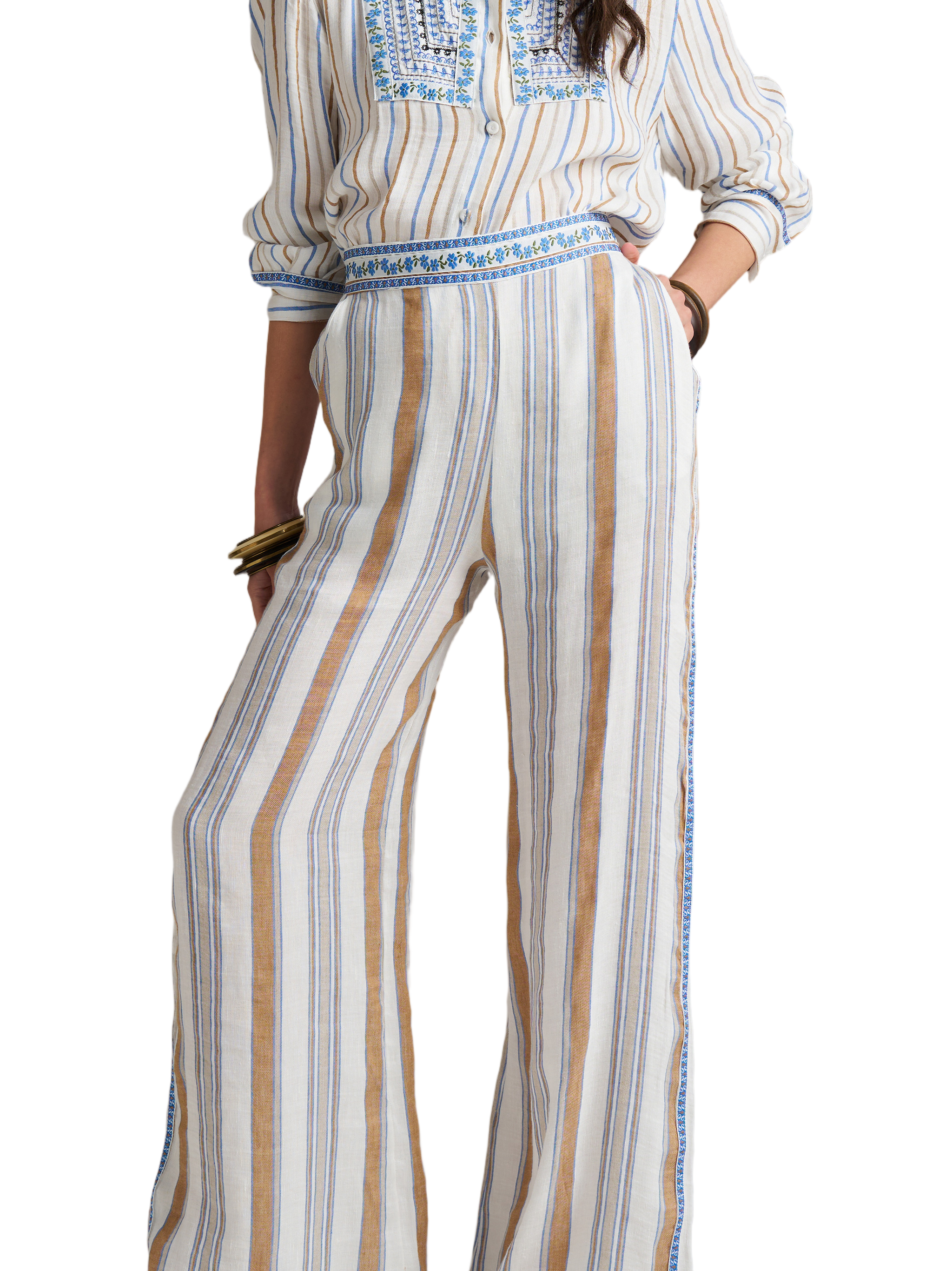 White Striped Embroidered Fabric Wide-Leg Pants