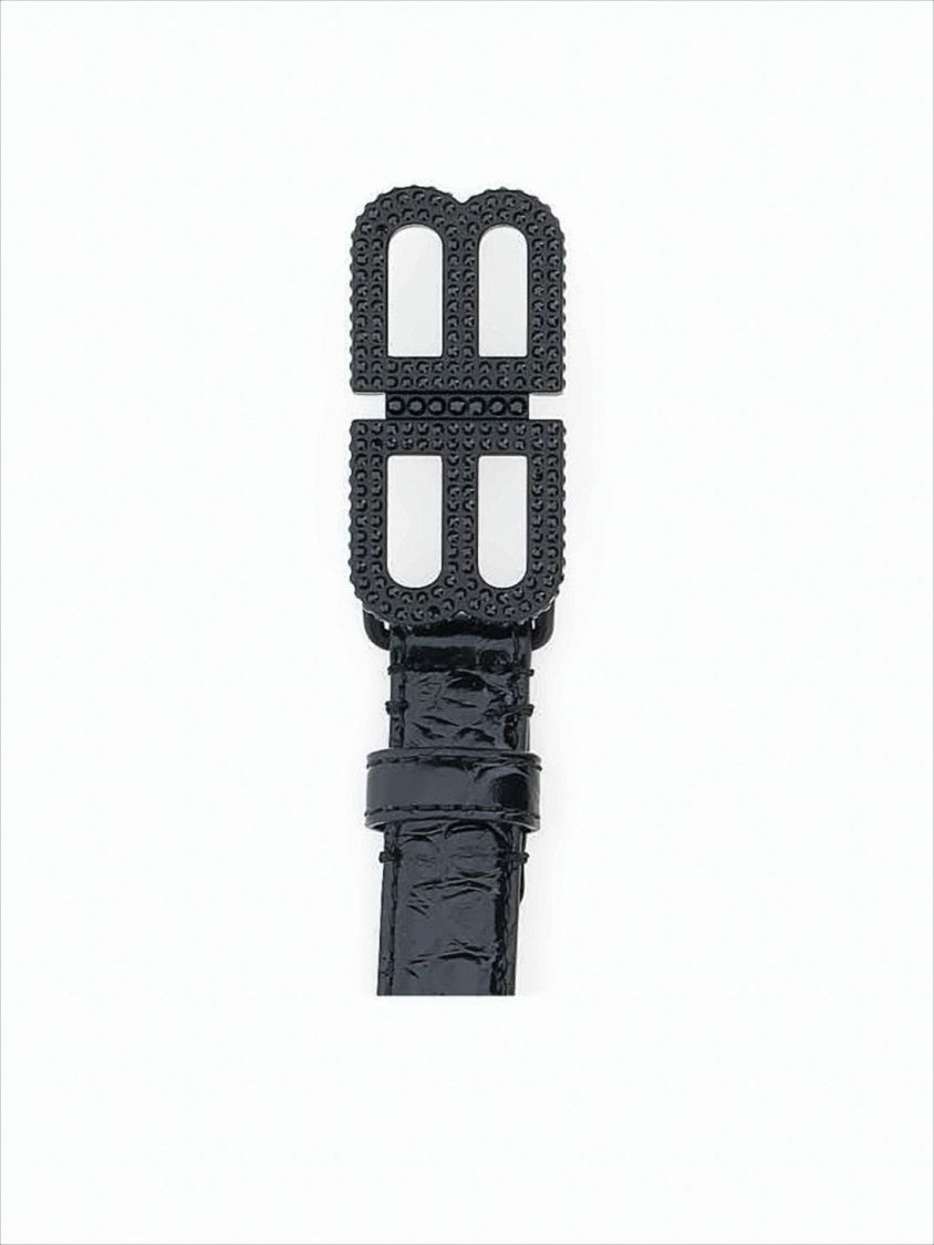 Narrow Calf Leather Belt with Textured Double-B Buckle