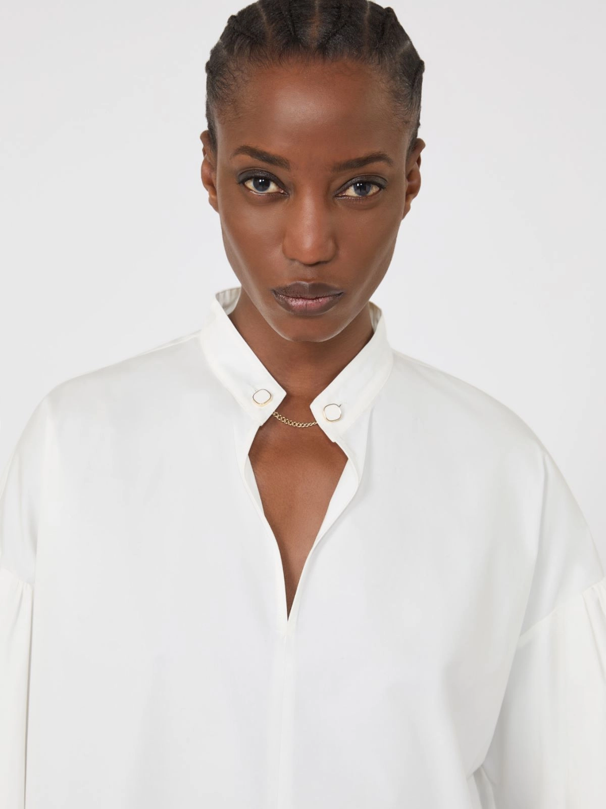 Long-Sleeved Blouse with Gathered Sleeves and Stand Collar