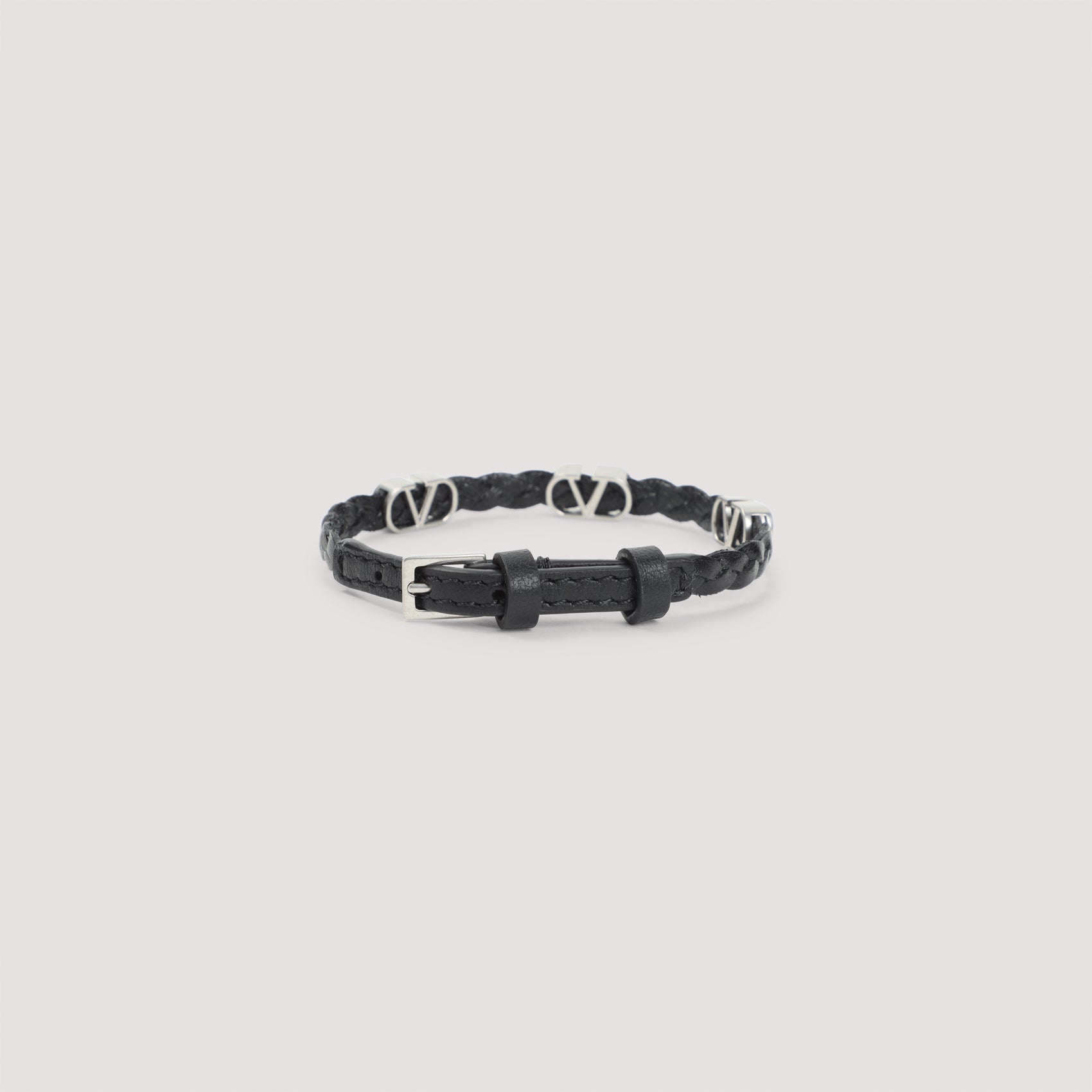 Braided Black Calf Leather Bracelet With Silver Accents