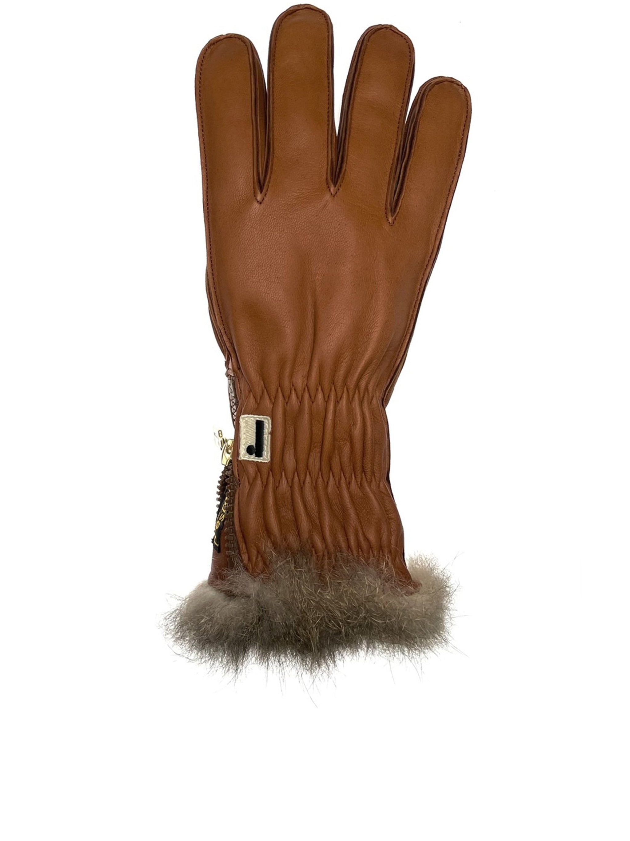 Brown Nappa Opossuy Fur-Trim Gloves
