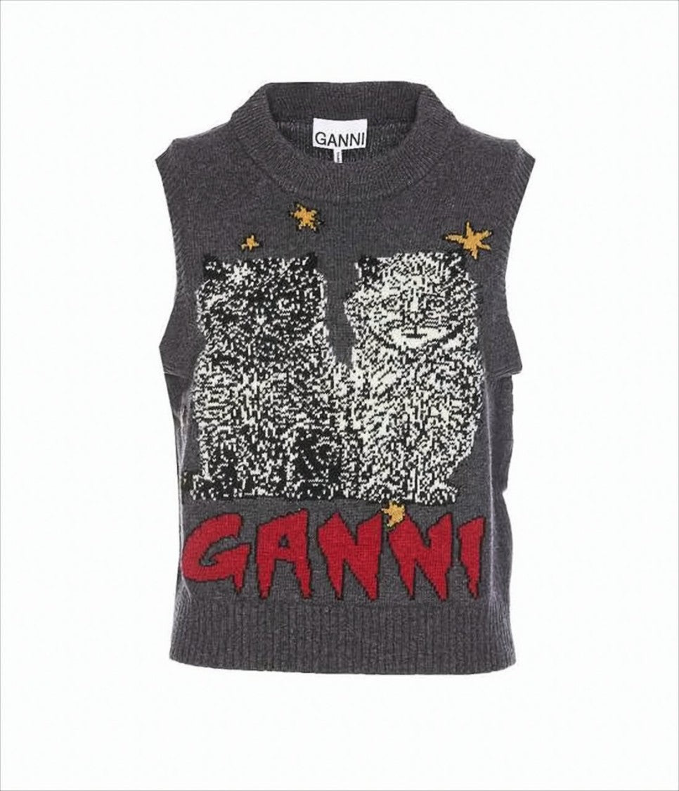 Sleeveless Knit Vest With Graphic Cat Design