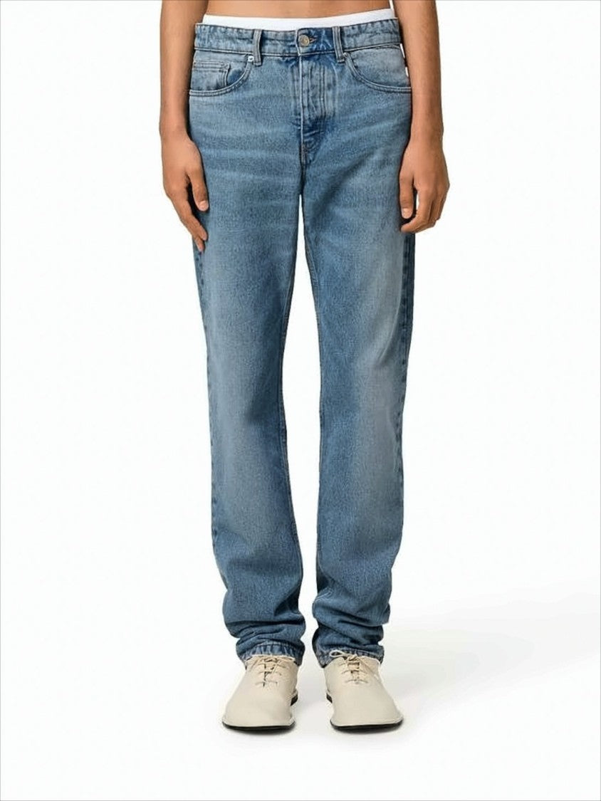 Medium Blue Straight-Leg Denim Pants With Five-Pocket Design