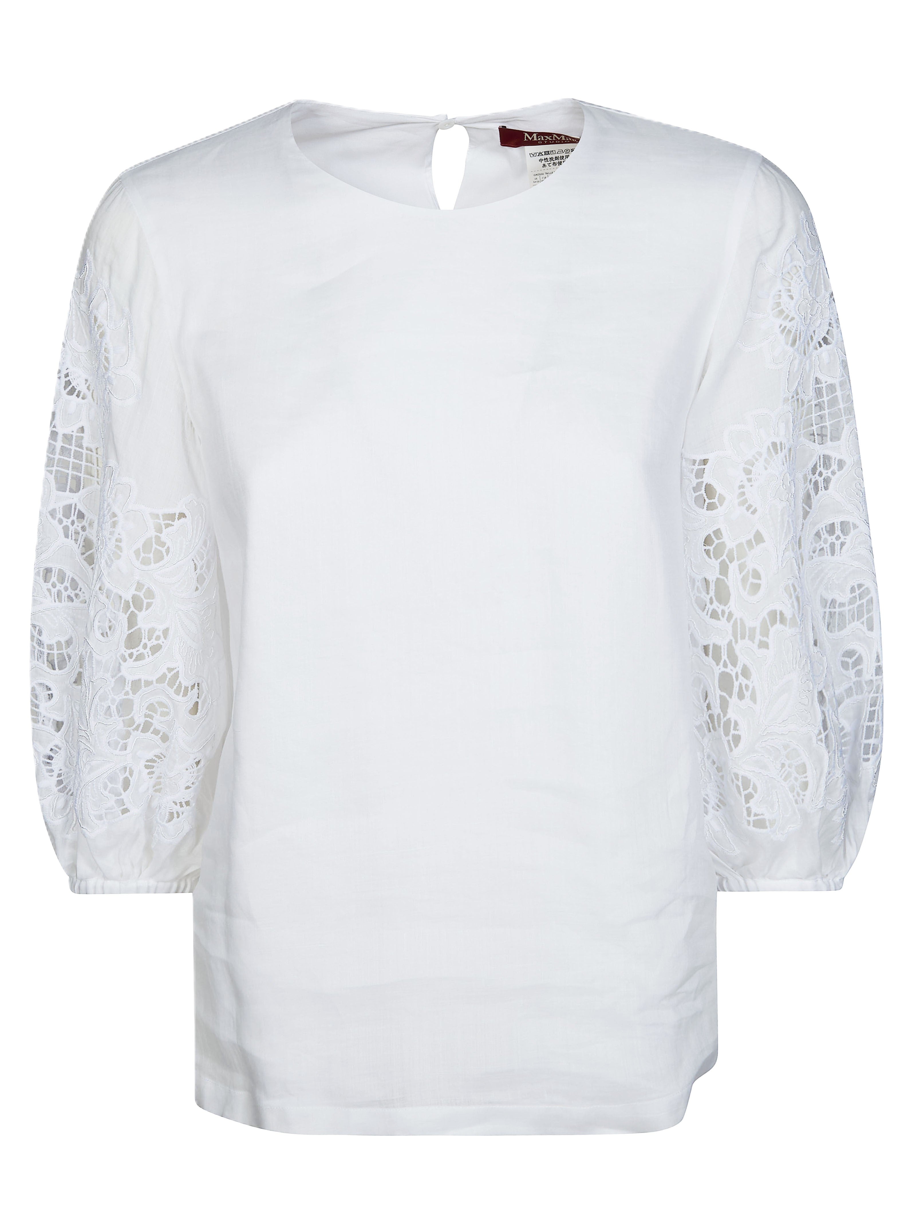 White Long-Sleeved Top with Keyhole Closure
