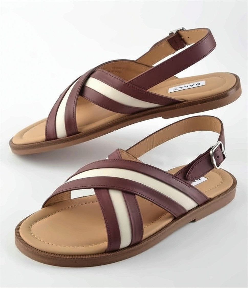 Brown Calfskin Leather DOM Sandals with Crossed Straps