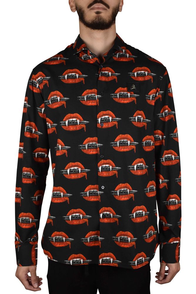 Black Cotton Shirt With Vampire Tooth Print