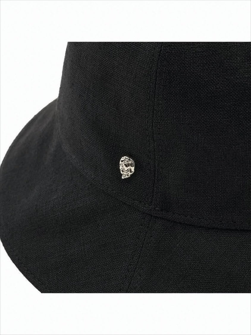 Black Linen Bucket Hat with Subtle Metallic Emblem