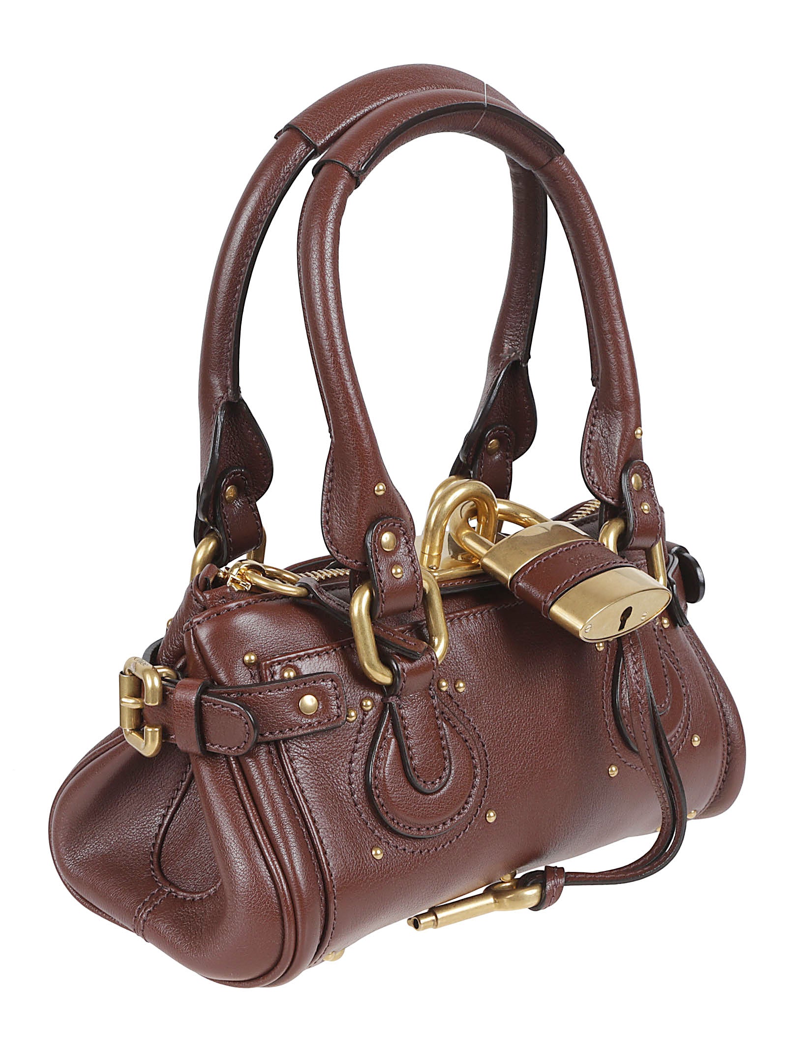Textured Buffalo Leather Bag with Gold-tone Studs and Padlock Detail