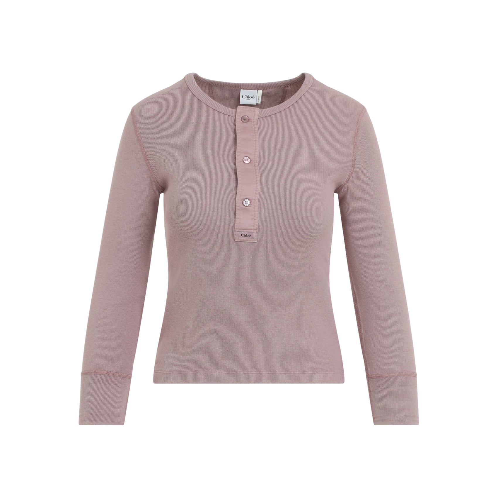 Ribbed Knit Long-Sleeved Top With Buttoned Placket
