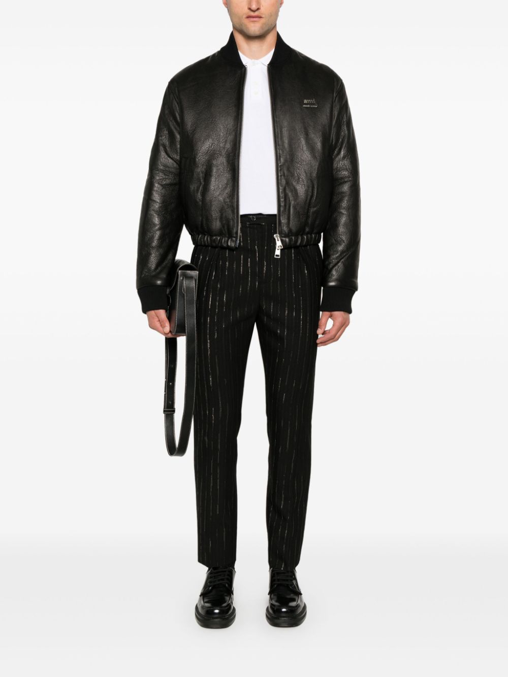 Collarless Black Calf Leather Jacket