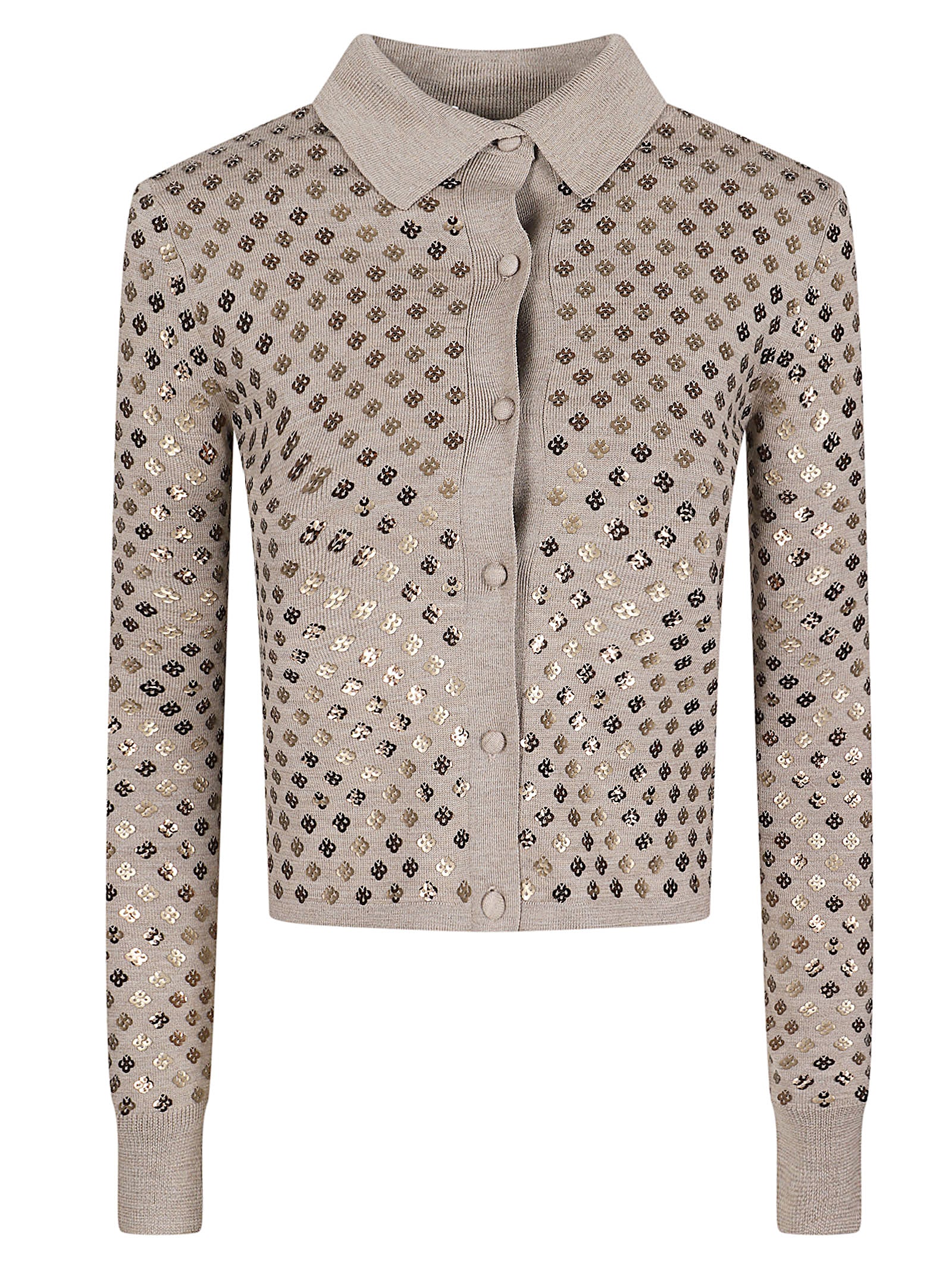 Cropped Sweater with Classic Collar and Sequined Pattern