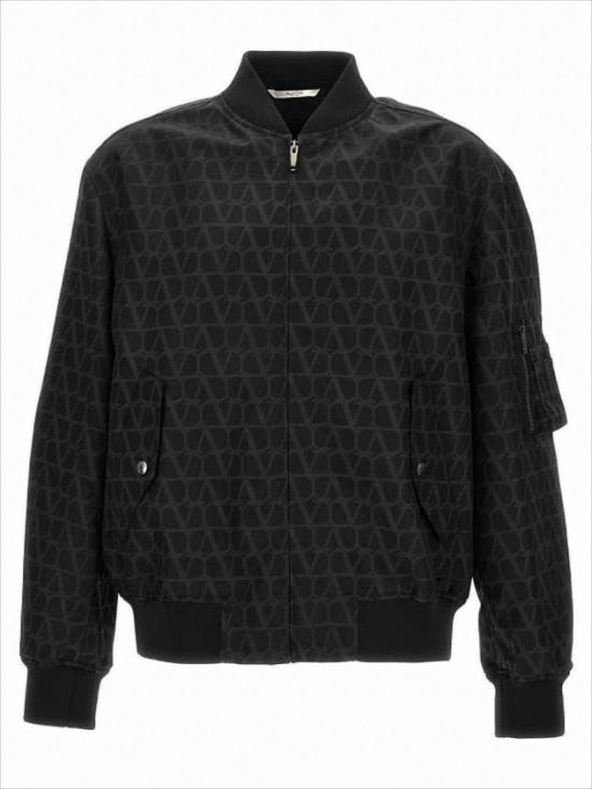 Geometric Patterned Black Bomber Jacket