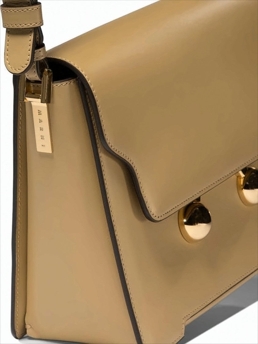 Structured Brown Leather Shoulder Bag with Gold-Tone Clasps