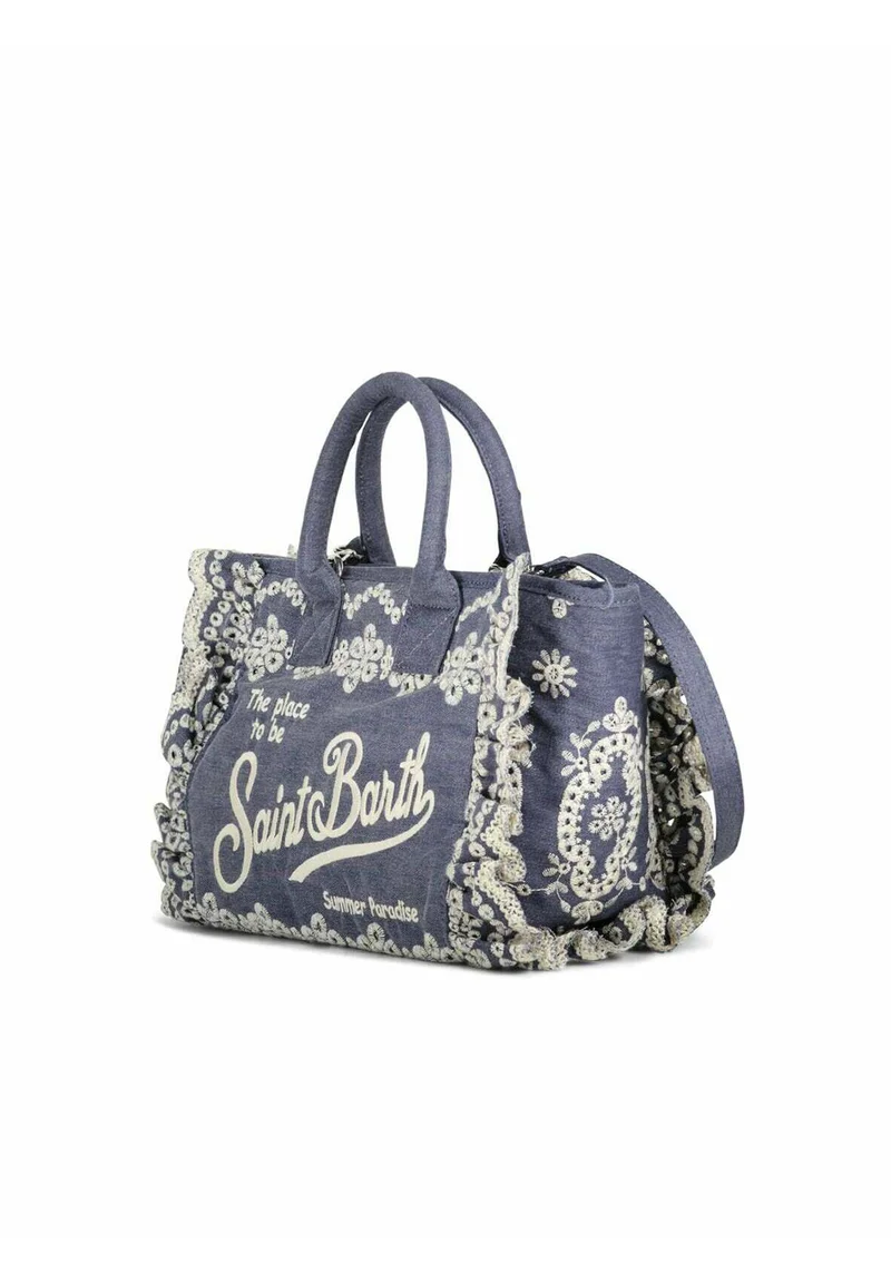 Rectangular Blue Tote Bag with Lace-Embroidered Edges