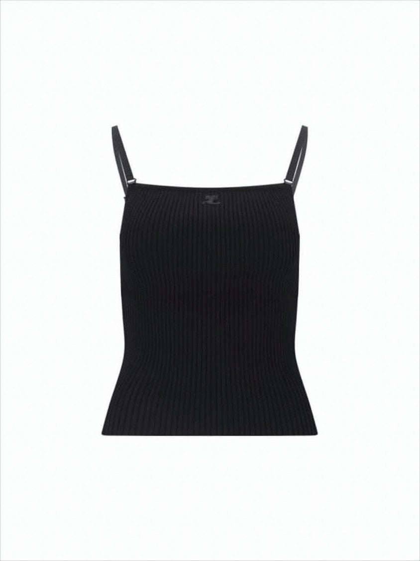 Ribbed Sleeveless Top With Adjustable Straps And Subtle Logo Detail