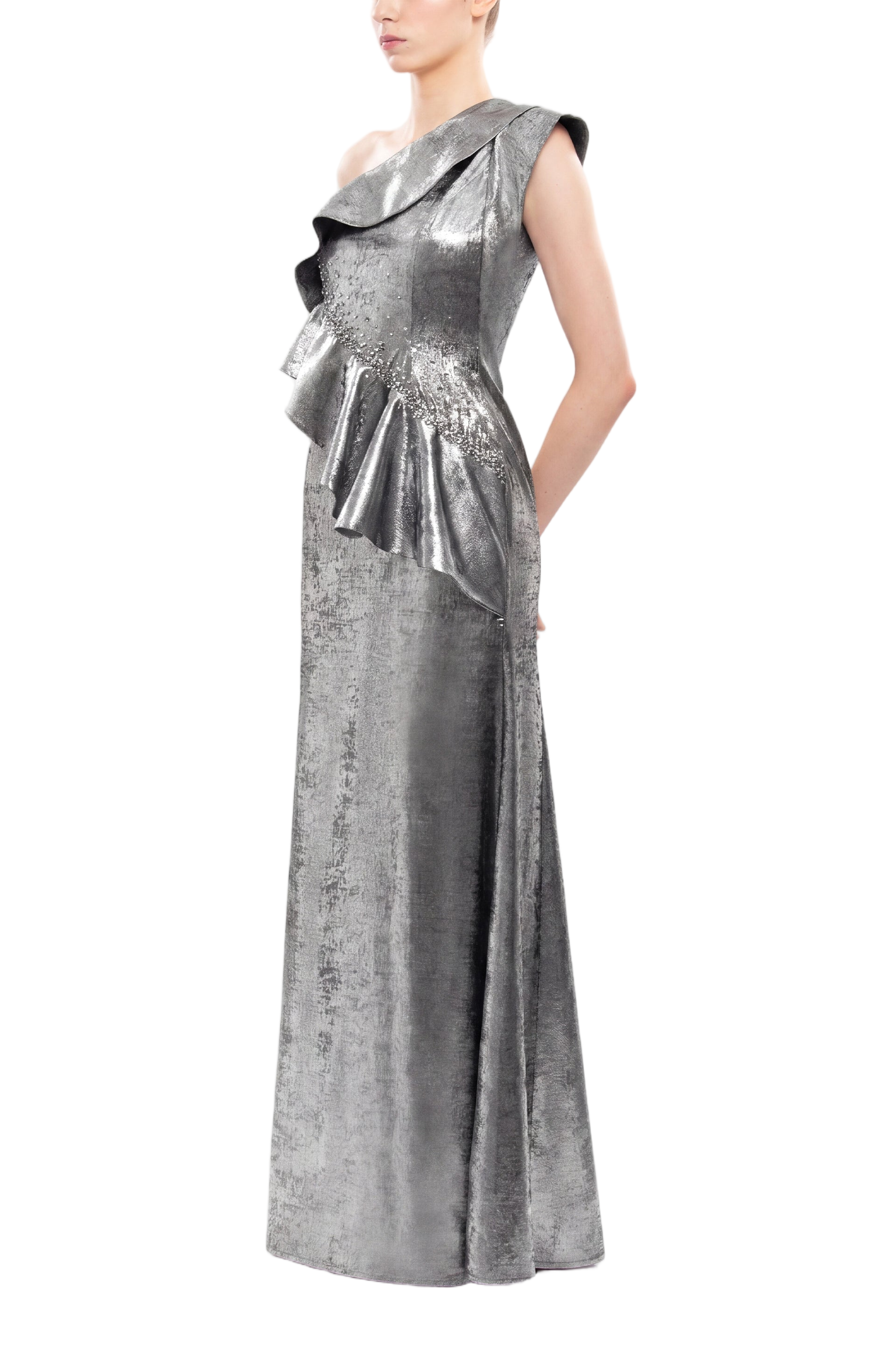 Embellished One-Shoulder Lamé Dress