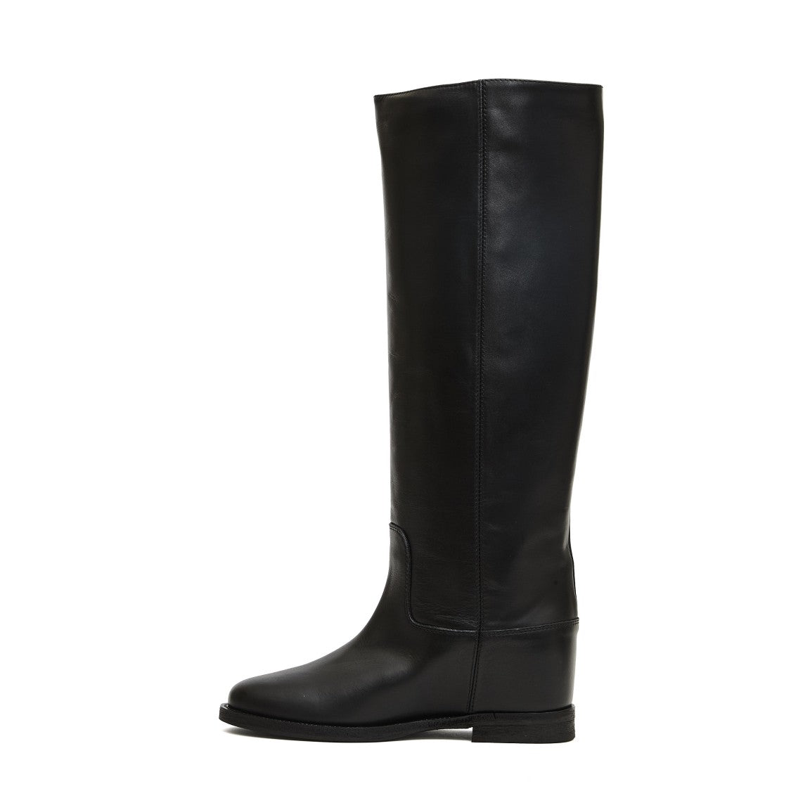 Tall Leather Boots With Gold V Accent And Wedge Heel