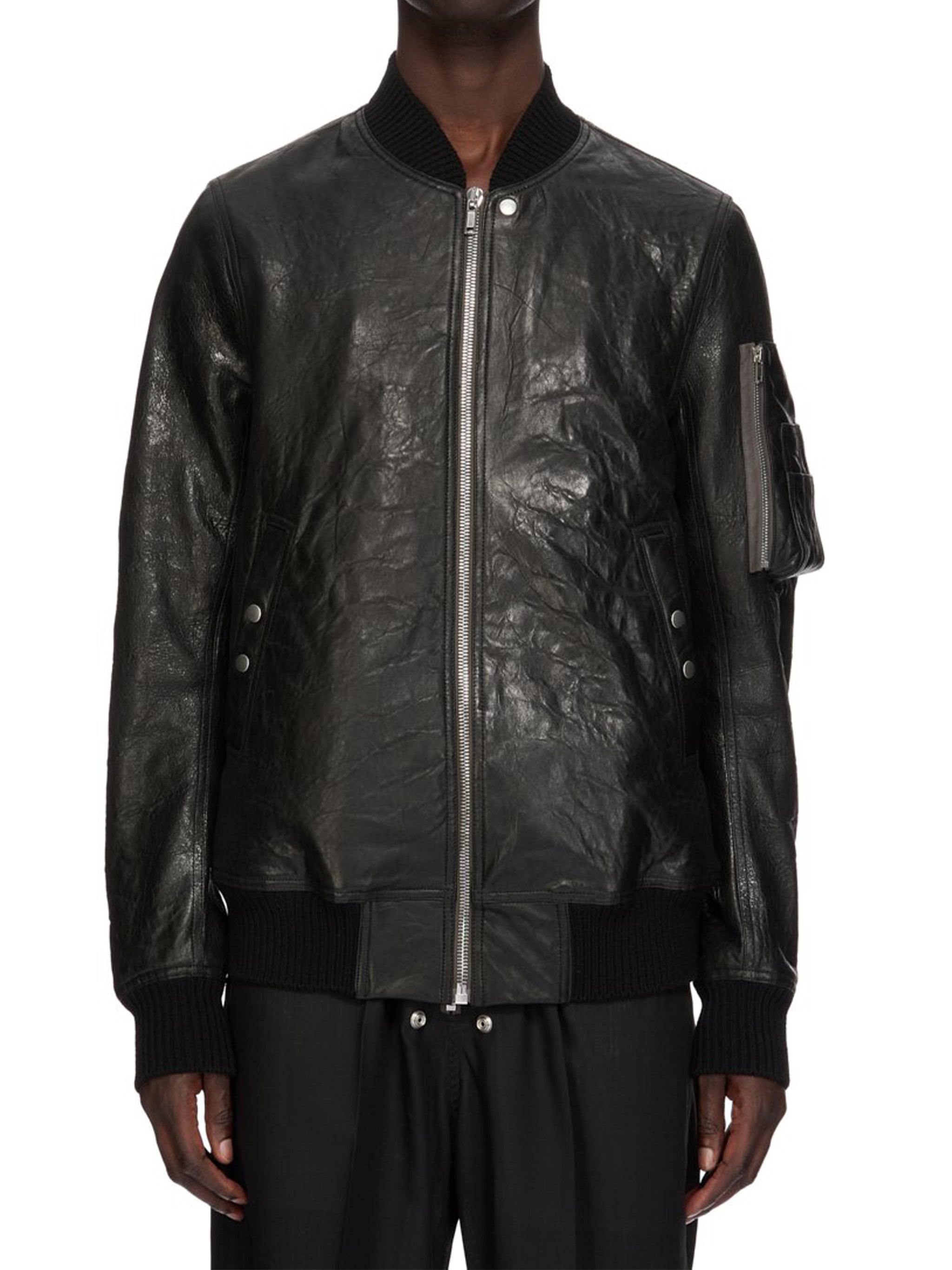 Black Bomber In Pelle Leather Jacket