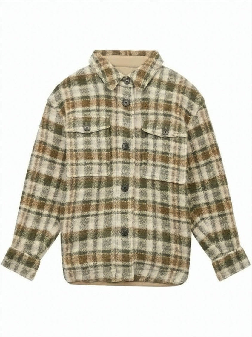 Relaxed Boxy Plaid Coat with Classic Collar