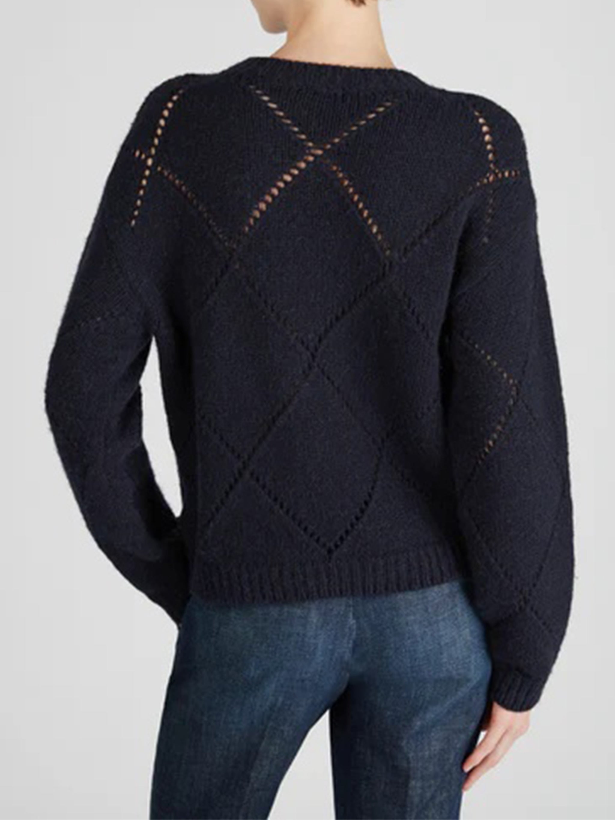 Diamond Openwork Knitted Crew Neck Sweater