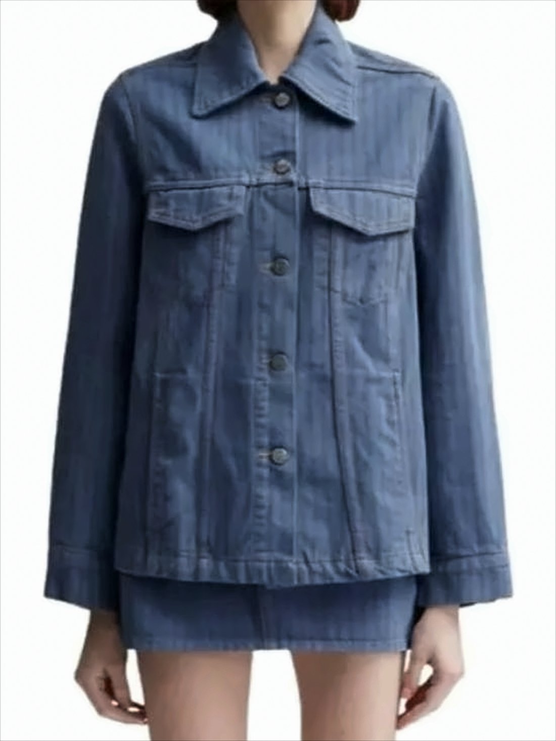 Structured Denim Jacket with Pointed Collar and Flap Pockets
