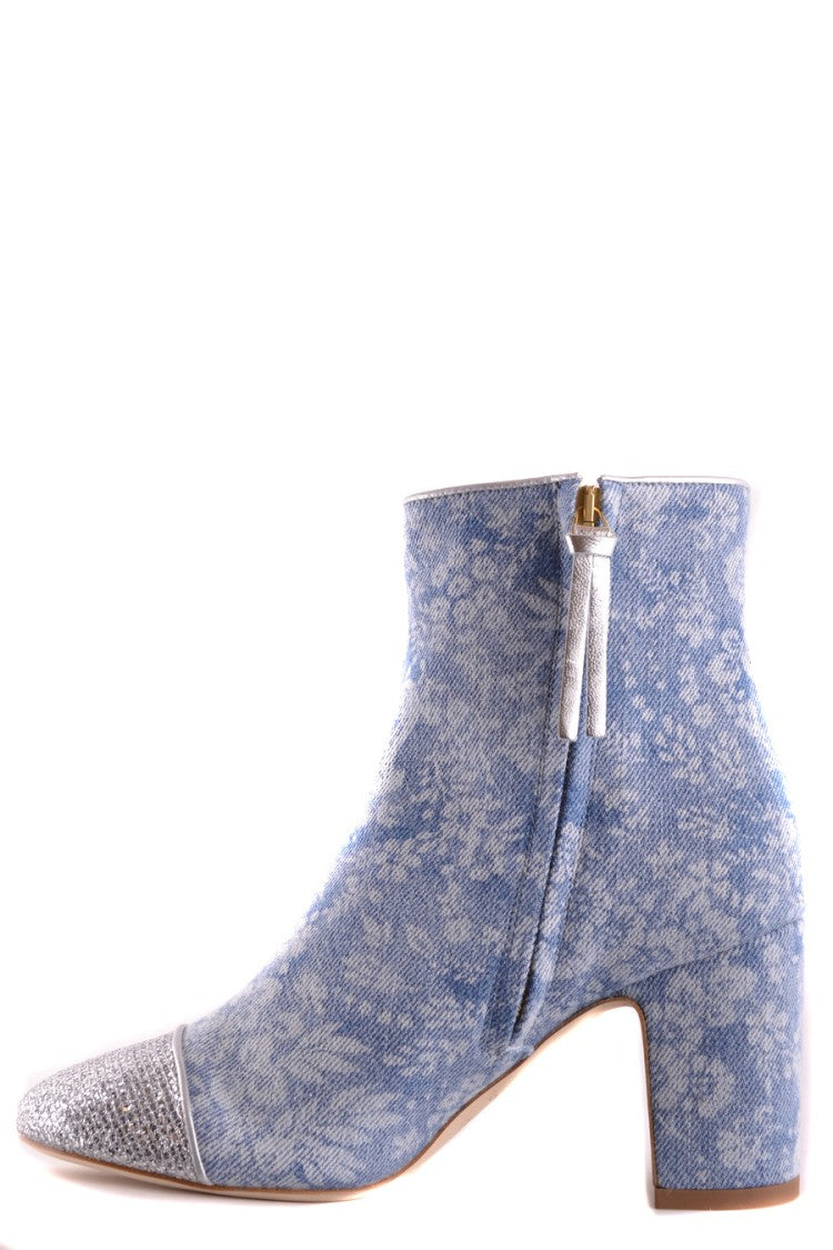 Textured Blue Ankle Boots With Block Heel