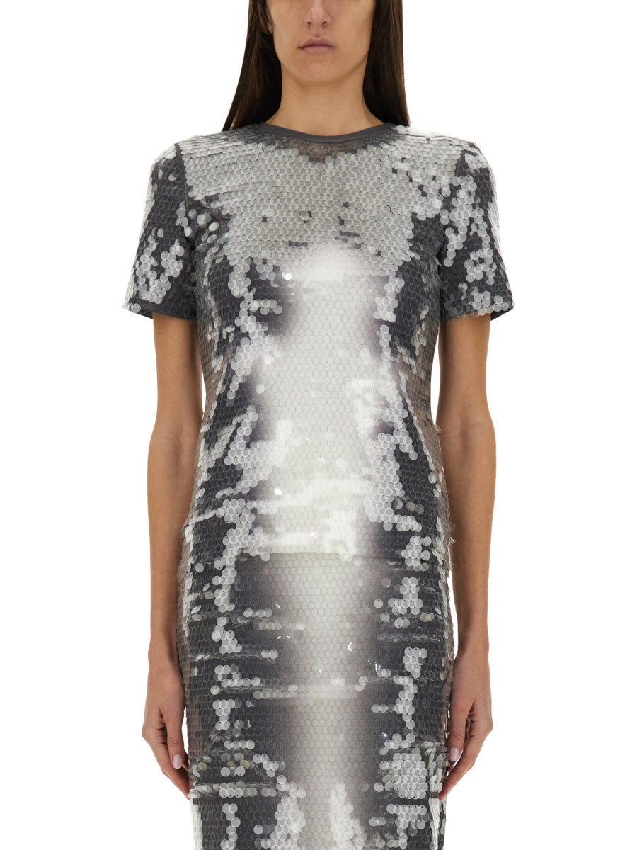 Gradient Sequined Fitted Top With Short Sleeves