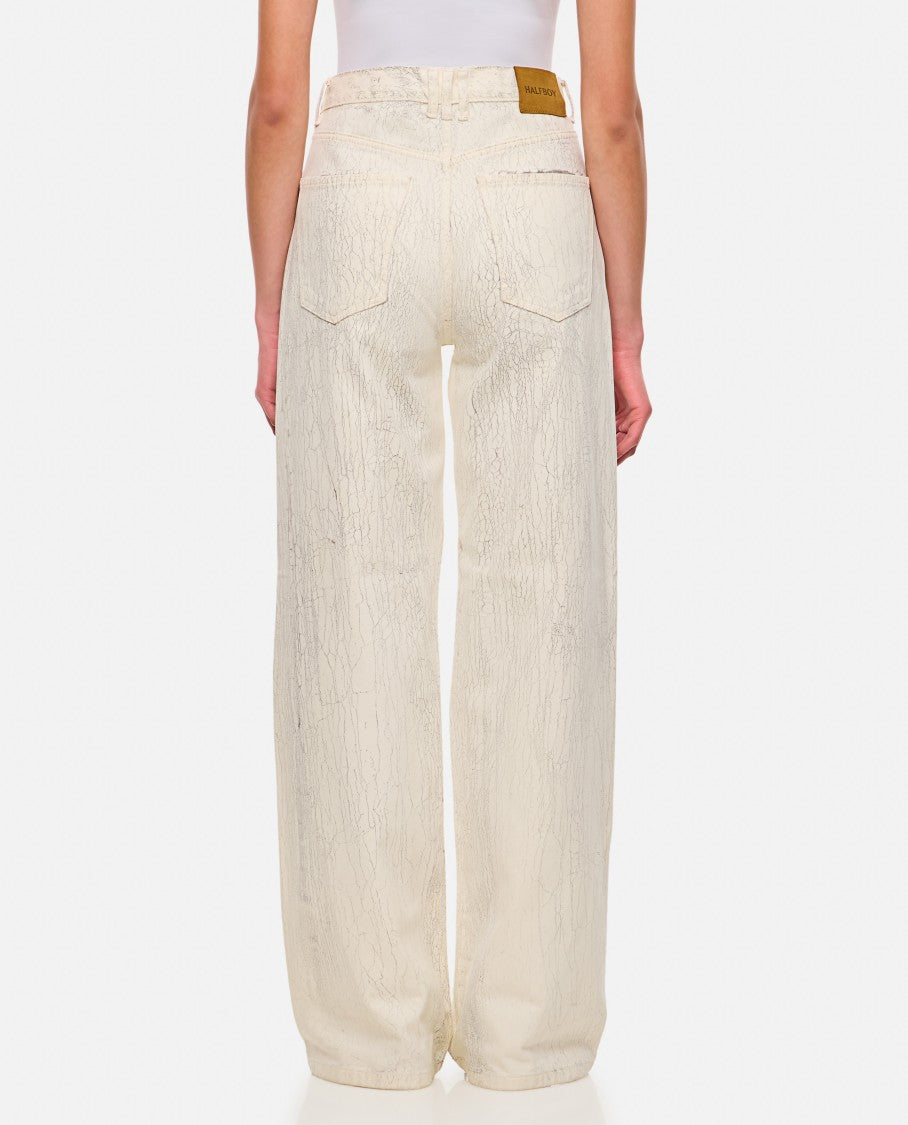 Beige Crepe Pattern Wide Leg Jeans