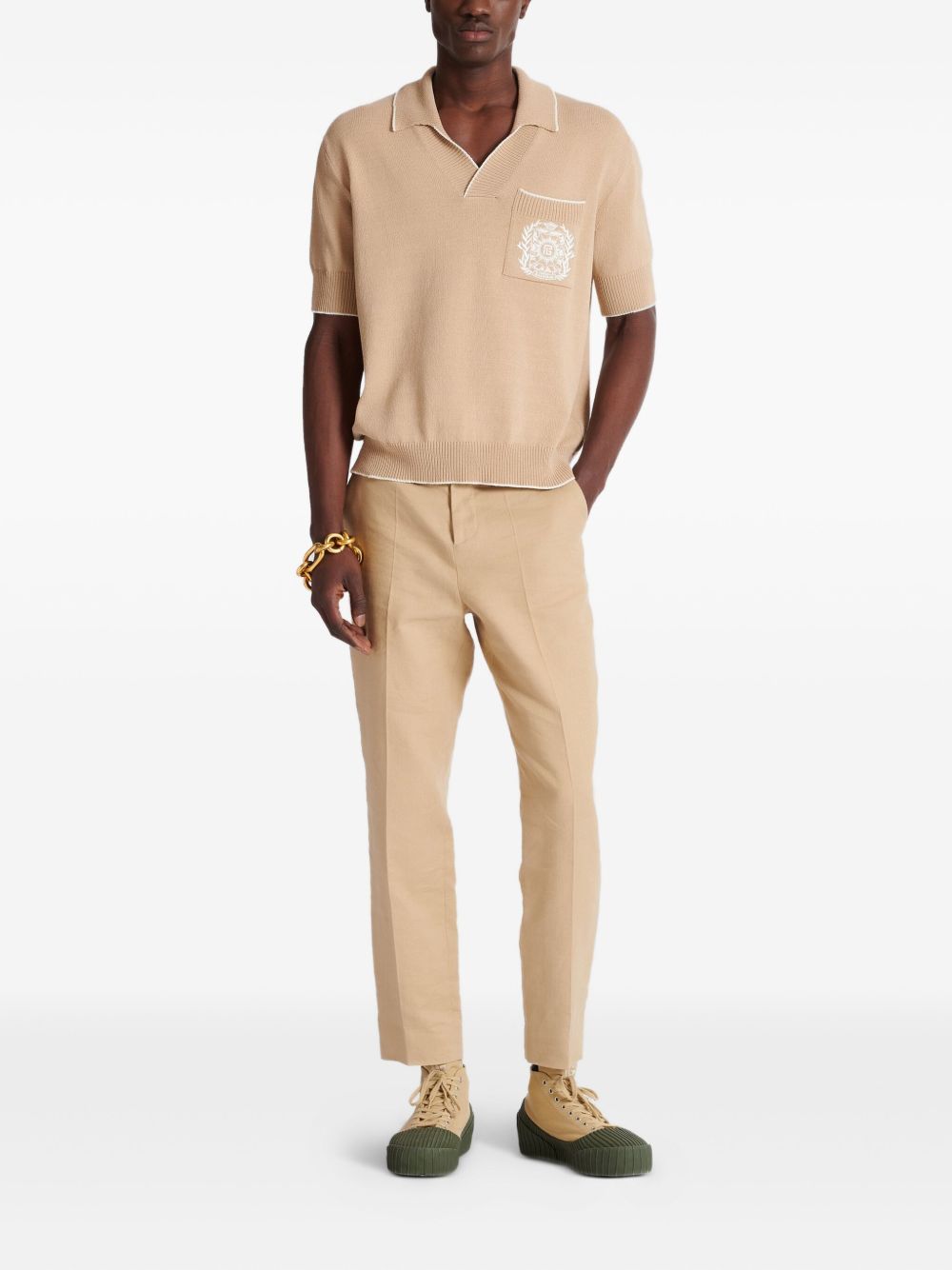 Embroidered Logo V-Neck Beige Knit Polo Shirt