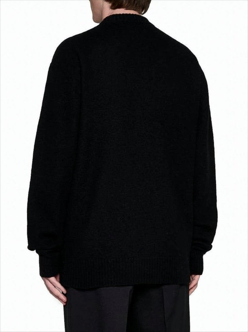 Relaxed Fit Black Wool Sweater with Ribbed Details