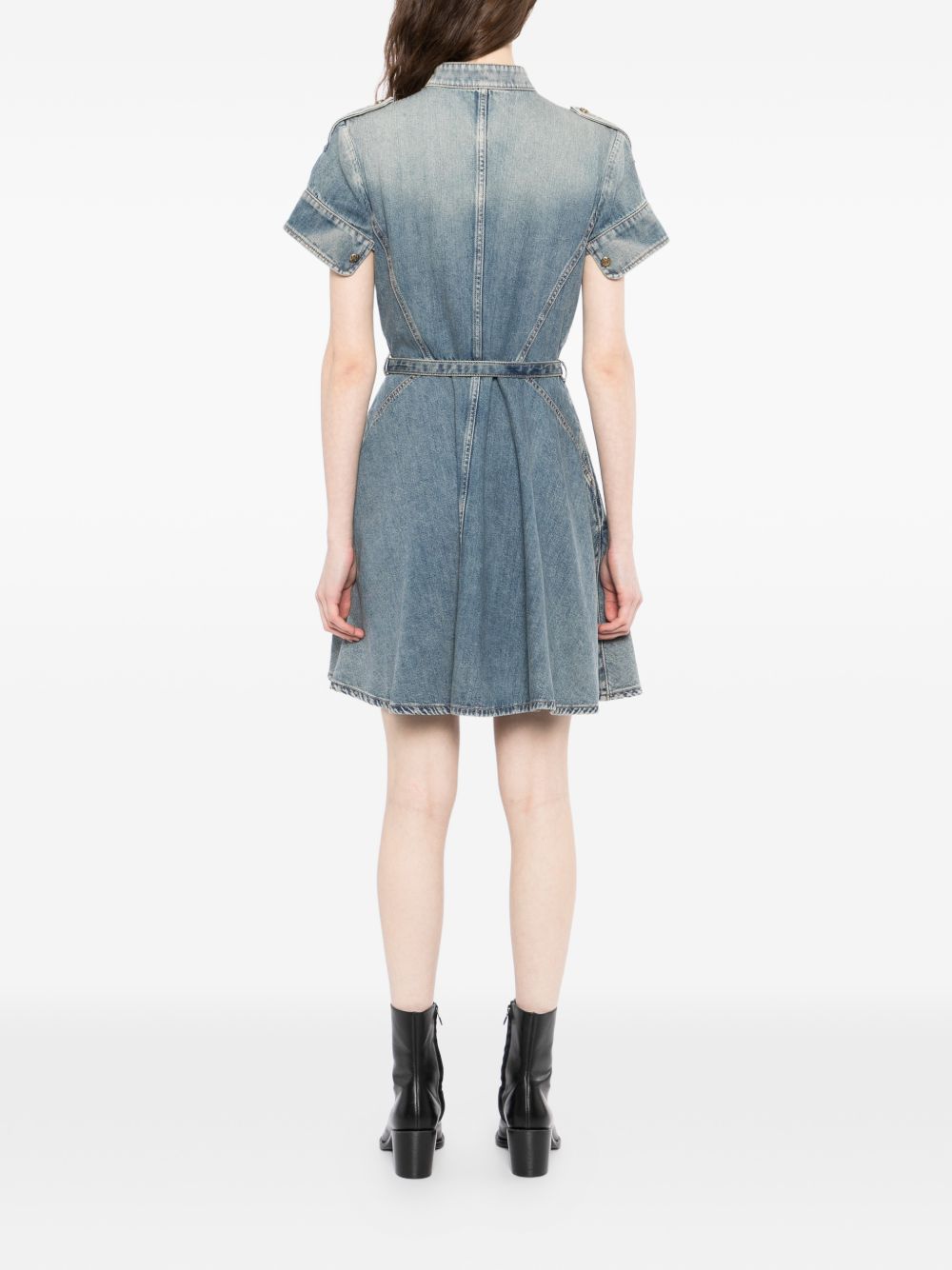 Faded Denim Mini Dress with Gold-tone Accents