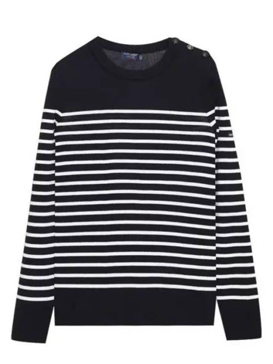 Horizontal Stripe Wool Sweater with Button Detail