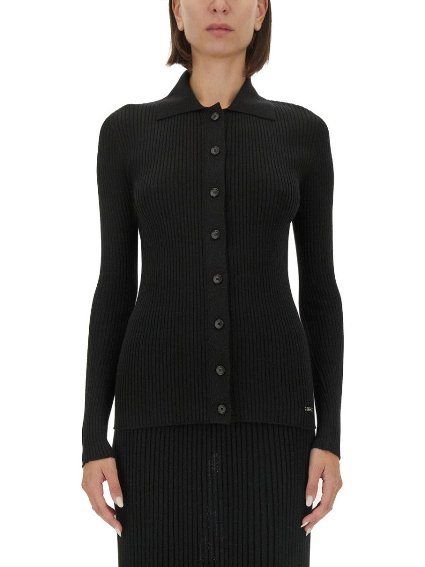 Black Ribbed Sweater With Classic Collar