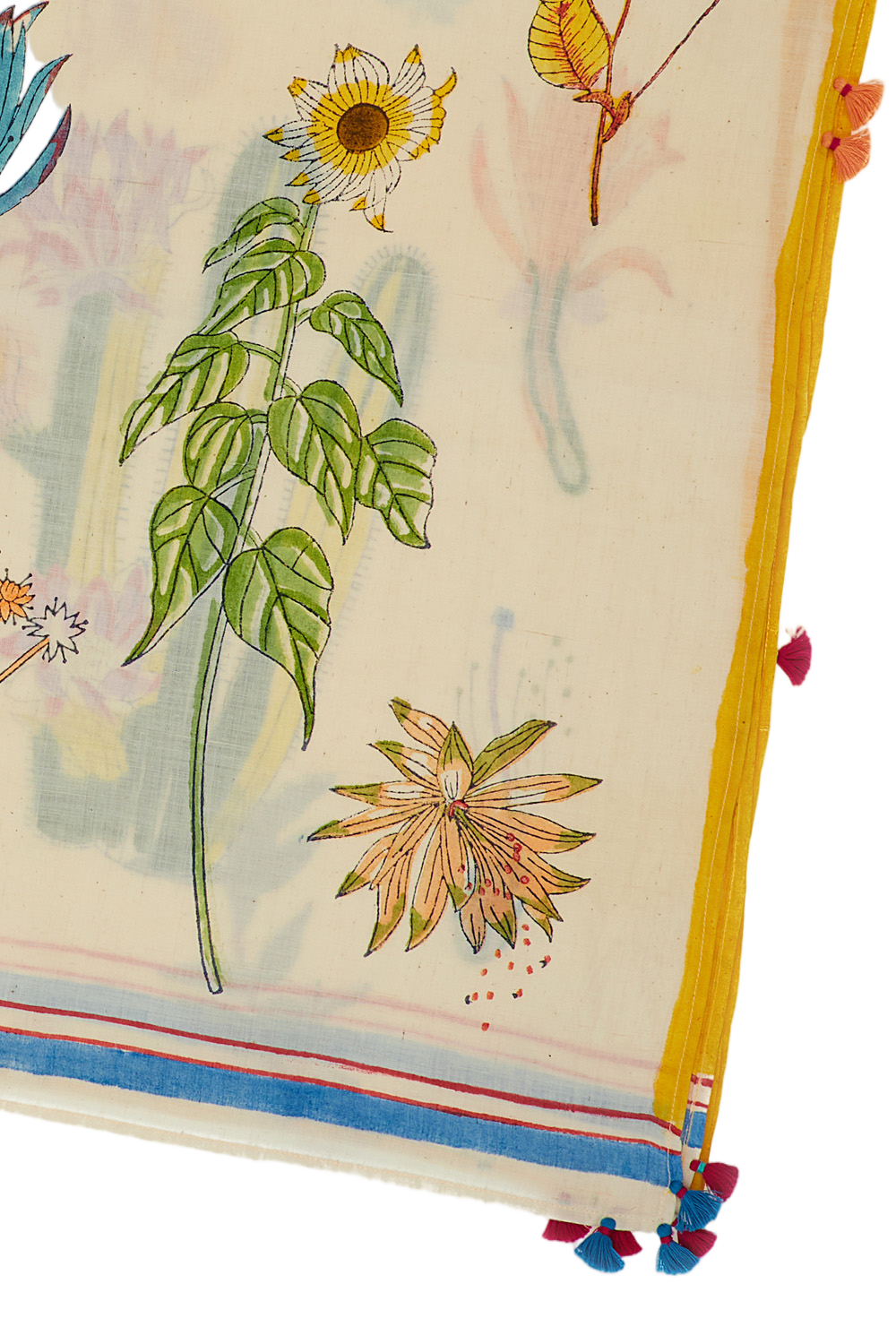 Multicolor Botanical Print Cotton Scarf With Tassel Detailing
