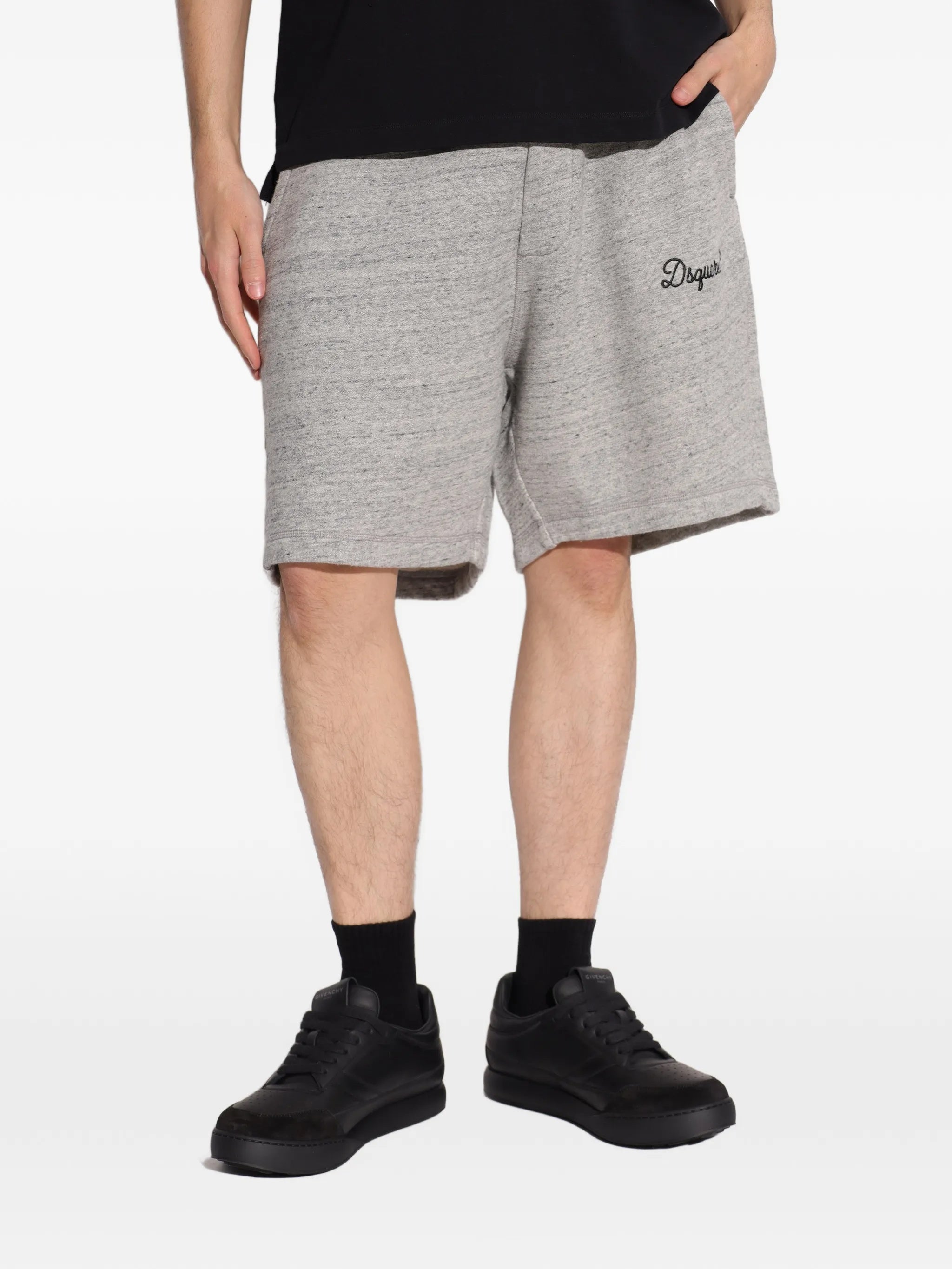 Grey Heathered Cotton Embroidered Logo Shorts